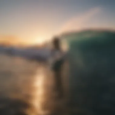 Surfer riding a powerful wave at sunset