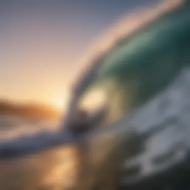 Surfer riding a giant wave at sunset