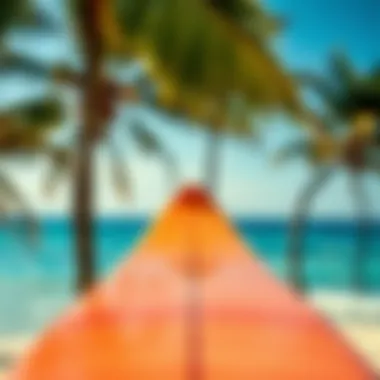 Close-up of surfboard with tropical backdrop