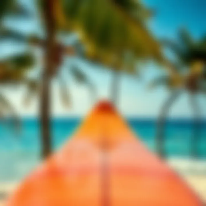 Close-up of surfboard with tropical backdrop