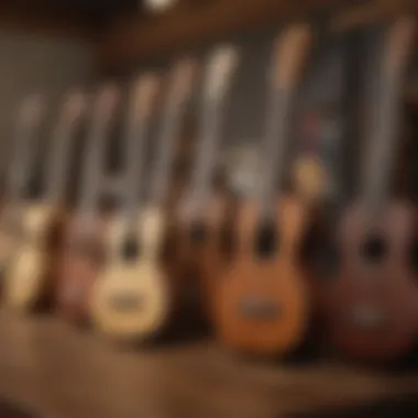 Various ukulele tuners displayed on a table