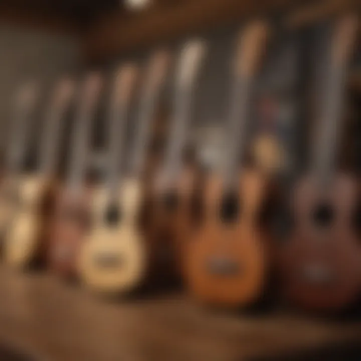 Various ukulele tuners displayed on a table