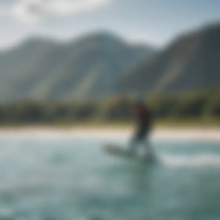 Kiteboarding school instructor guiding student on crystal clear waters