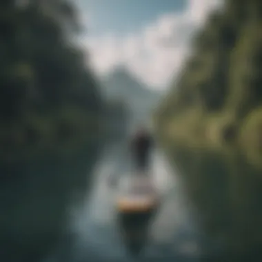 Paddle boarder maneuvering through beautiful water landscapes with motorized board