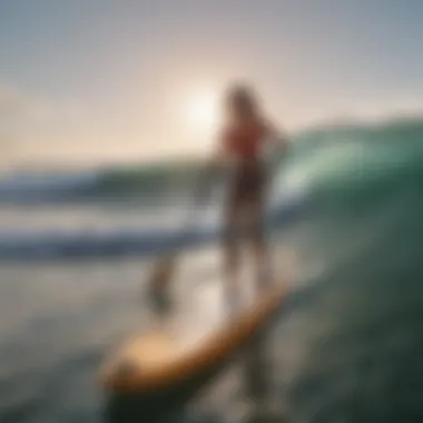 Stylish paddler on a paddle board with waves in the background