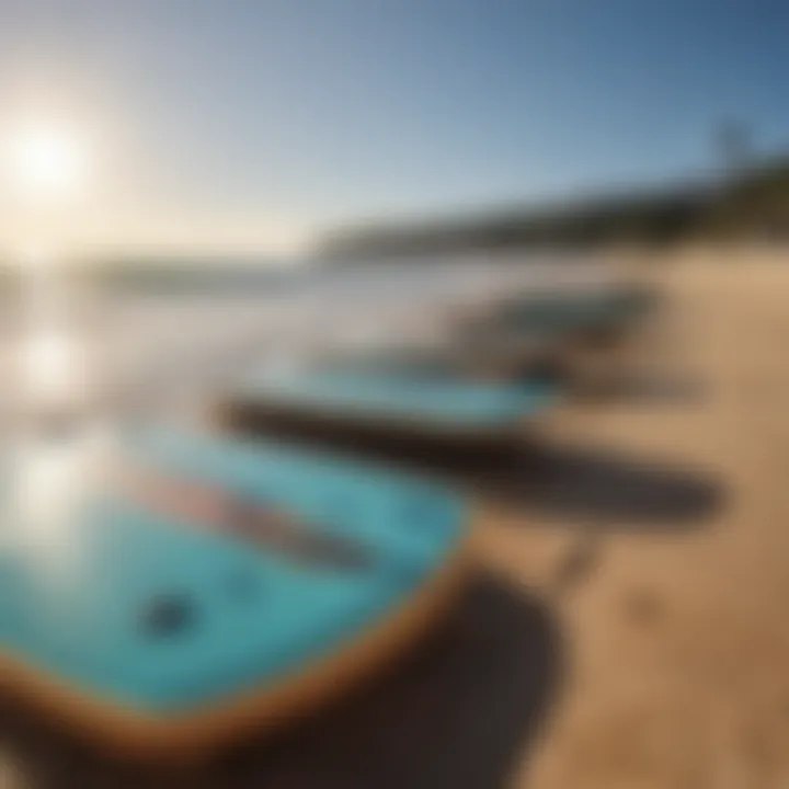 A collection of various boogie boards on a sunny shore