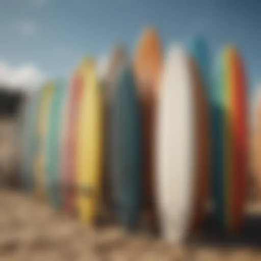 Colorful surfboards lined up on a sandy beach