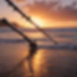 A sleek and modern 15-foot surf casting rod against a vibrant sunset backdrop