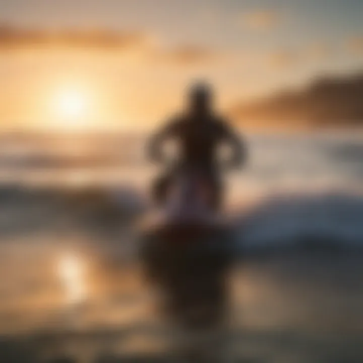 Scenic sunset backdrop as a kneeboarder rides the waves