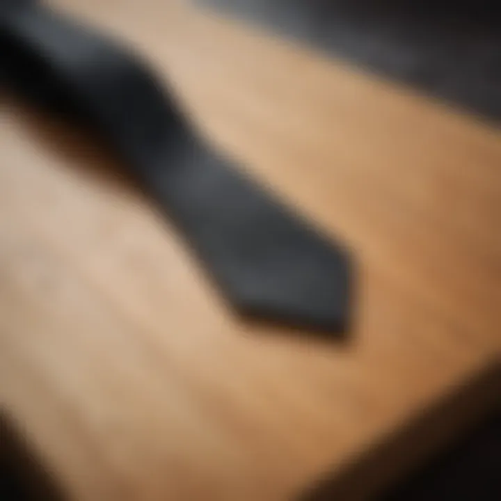 A sleek black surf tie on a wooden board