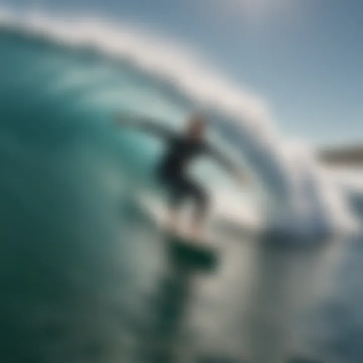 An action shot of a surfer riding a wave with a secure surf tie