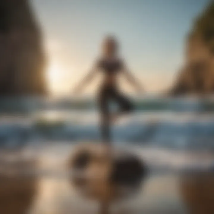 Yoga practitioner achieving a challenging balancing pose by the sea