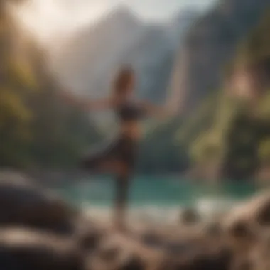 Woman practicing advanced yoga pose in a serene mountain setting