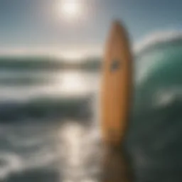 Surfboard gliding over digital waves