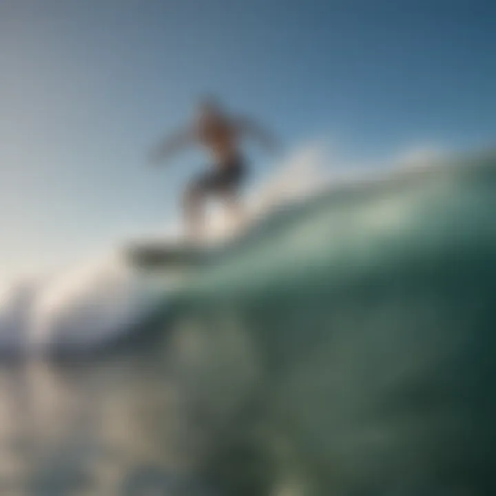 A surfer riding a wave on a big guy surfboard, demonstrating performance in action.