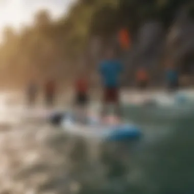 Group of paddlers enjoying inflatable SUP surfing together