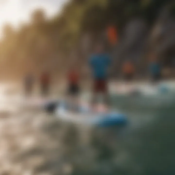 Group of paddlers enjoying inflatable SUP surfing together