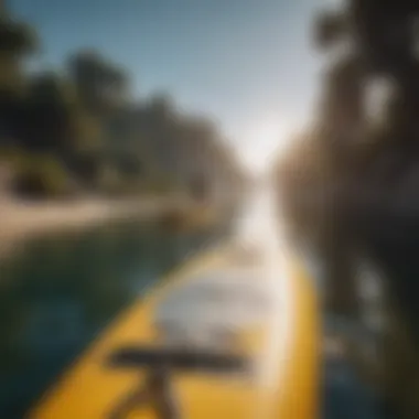 A serene landscape with a paddler on an inflatable SUP