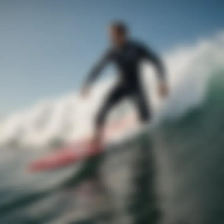 A surfer wearing a Jacks wetsuit, riding a wave, demonstrating performance and style