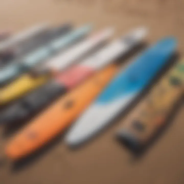 A selection of different kitesurfing boards lined up on the beach