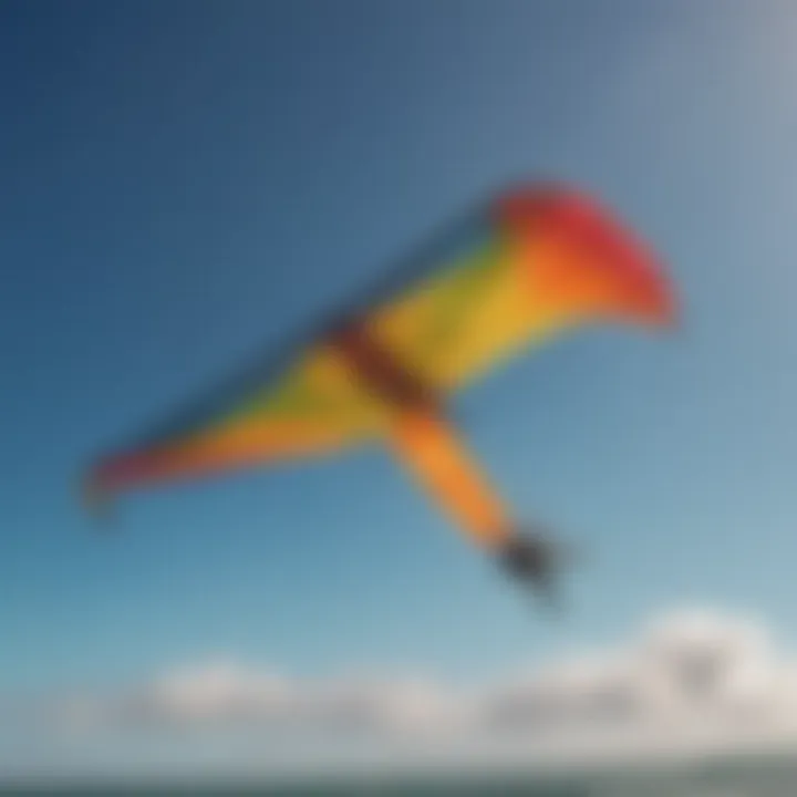 A close-up of a colorful kitesurfing kite soaring in the sky