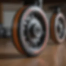 Close-up view of longboard wheels showcasing different durometers.