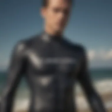 Detailed view of a perfectly fitted wetsuit on a surfboard, emphasizing sleek design.