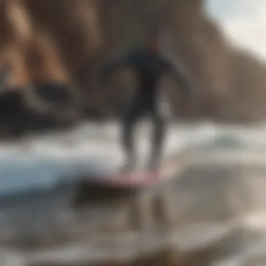 Surfer navigating rocky shoreline with reef shoes