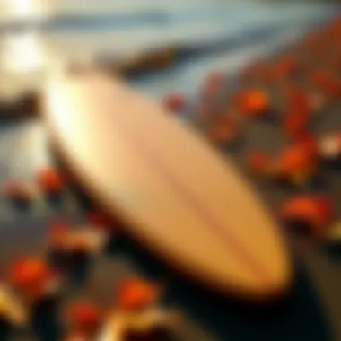 Overhead view of a surfboard resting on the shore with autumn leaves