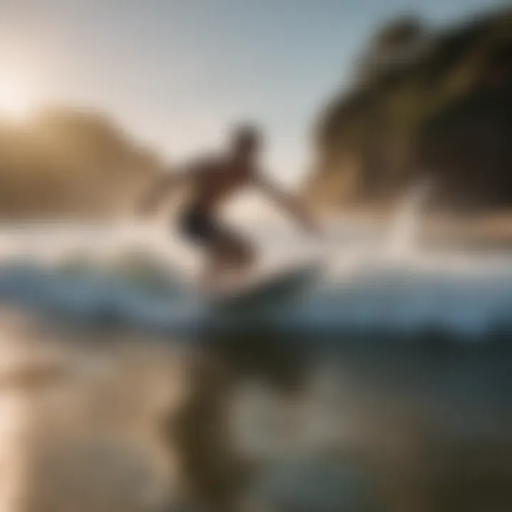 A scenic beach setting with individuals enjoying skimboarding