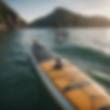 Close-up of a paddleboard with highlighted features and specifications.