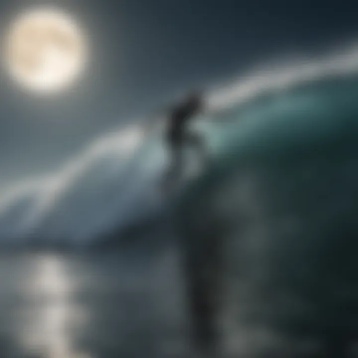 Surfer riding a wave during a full moon