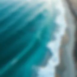 Aerial view of the ocean highlighting its blue expanse and salt crusts along the shore