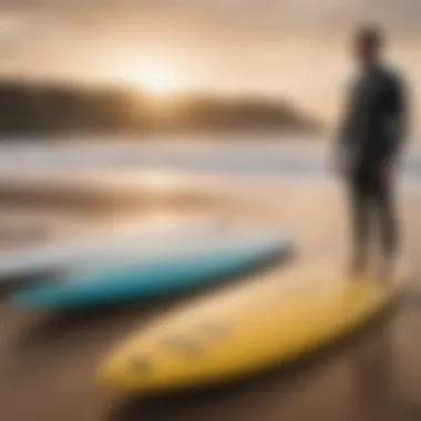 A surfer analyzing a surfboard length chart on the beach