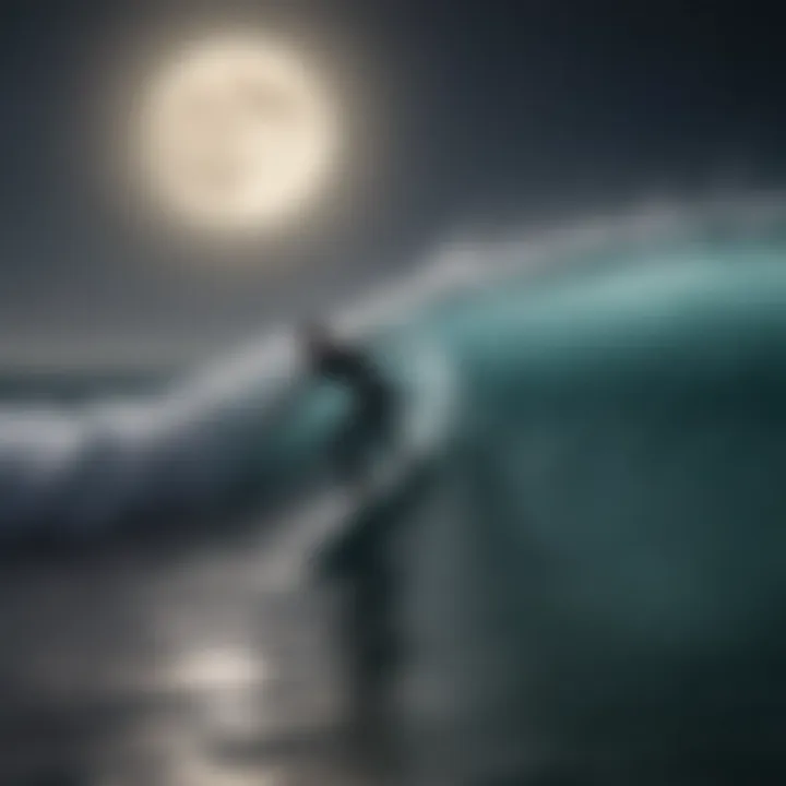 Surfer riding a wave during a full moon