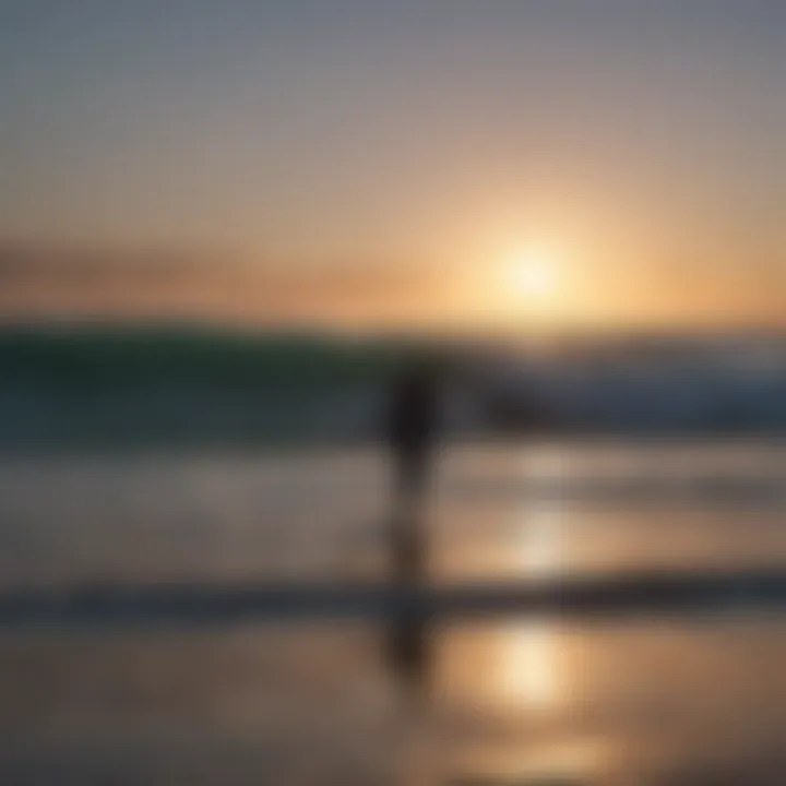 Surfers preparing for a session at dusk with moonlight