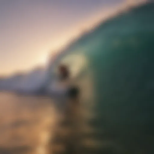 Surfer catching a wave during a sunset, showcasing the optimal surf conditions influenced by temperature.