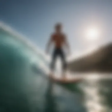 A surfer examining ocean conditions with a surfboard, considering temperature's effects on performance.