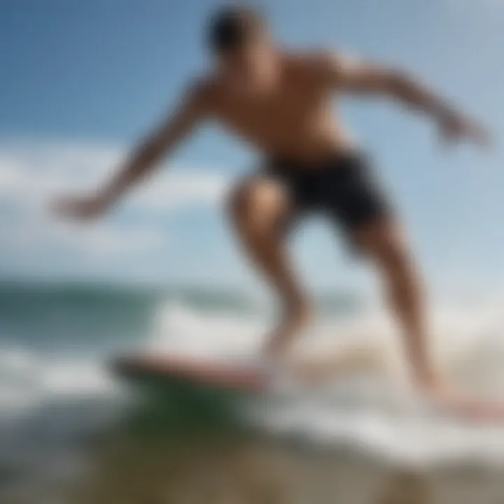 An athlete executing advanced skimboarding techniques on a wet surface.