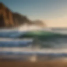 A stunning coastline with waves crashing, ideal for surfing.