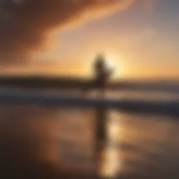Surfboard against dramatic sunset sky