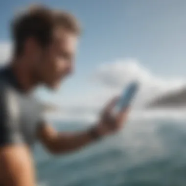 Surfer analyzing wind gust data on a mobile device