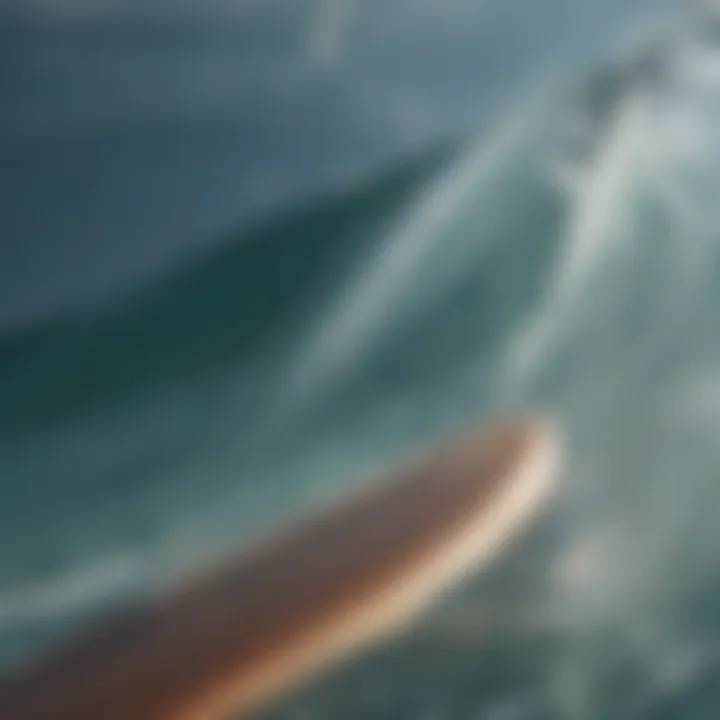 Close-up of surfboard fins slicing through crystal clear water