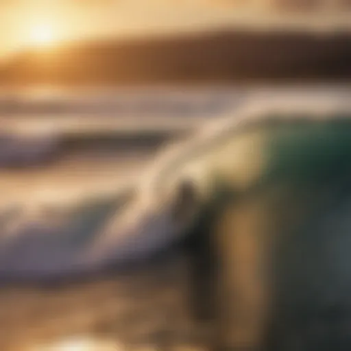 Surfer catching a wave in golden sunset light