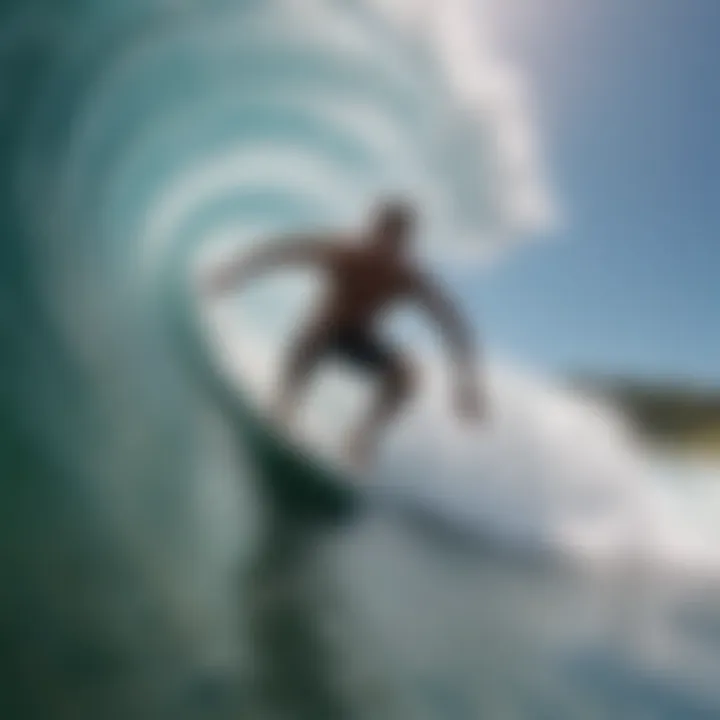 Surfer carving through a barrel wave