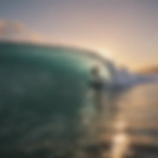 Surfer riding a wave at sunrise