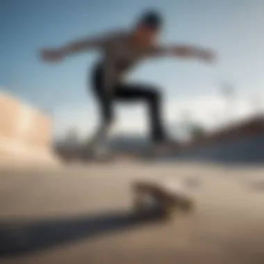 Skateboarder perfecting a heelflip move