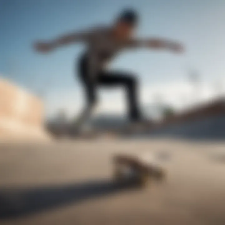 Skateboarder perfecting a heelflip move