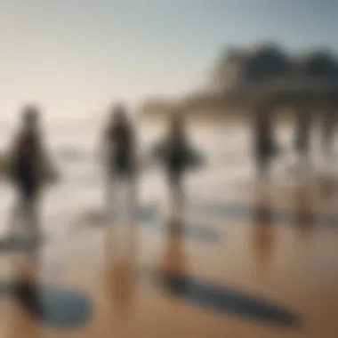 A diverse group of surfers enjoying a sunny day at the beach.