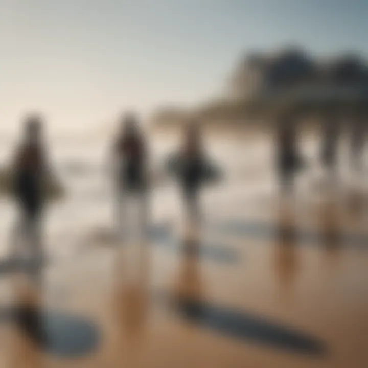 A diverse group of surfers enjoying a sunny day at the beach.